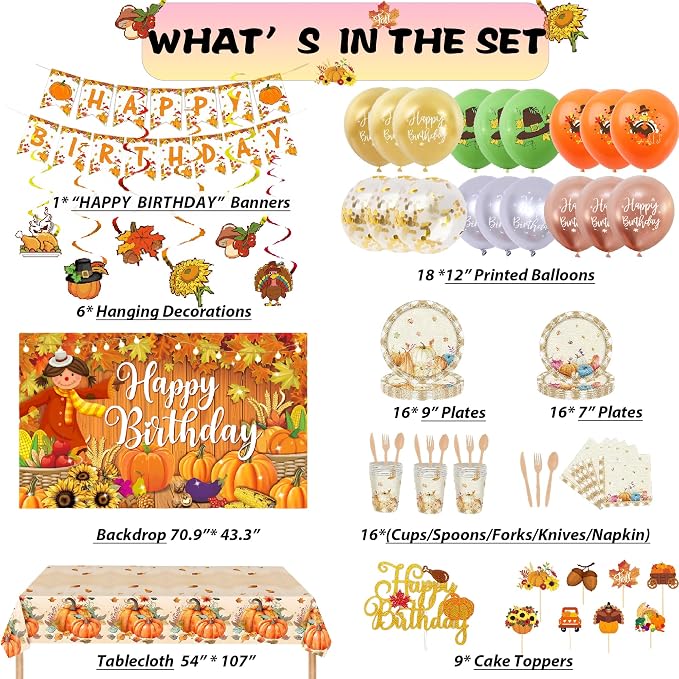 Thanksgiving Themed Happy Birthday Decoration，Happy Birthday Banner, Hanging Swirls, Latex Balloons, Cake Toppers, Disposable Tableware Set, Backdrop & Tablecloth for Kids Adults Birthday Party Decors