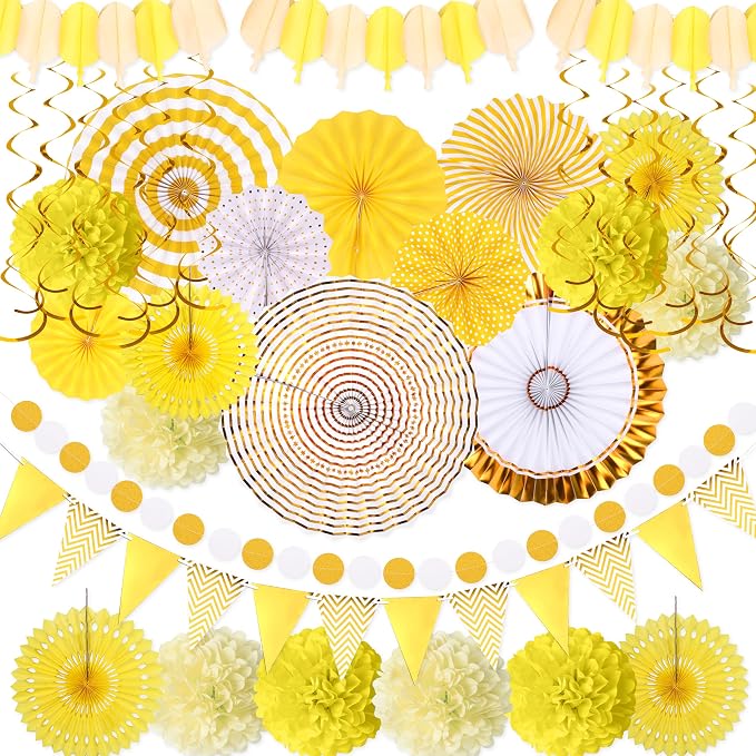 Moon Boat 35PCS Party Decorations Paper Fan Hanging Set - Birthday,Baby Shower,Lemon,Sunflower Theme Decor (Yellow)