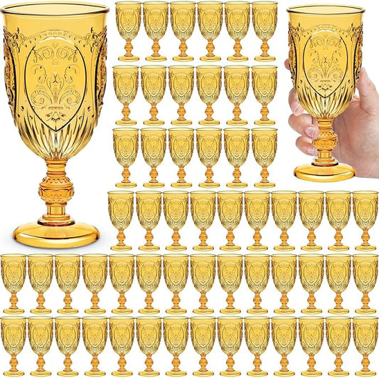 Wiwiqing 60 Pack Plastic Goblets 10oz Upgrade Vintage Water Goblet Plastic Wine Glasses Colored Retro Embossed Glassware for Party Wine Bar Juice Baby Shower Wedding Reception Grand (Amber)