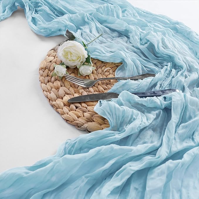30 Pieces Light Blue Cheesecloth Table Runner, 17x108 Inch Long Boho Gauze Table Runner Rustic Decorations for Wedding Birthday Holiday Party Baby Shower Table Decor