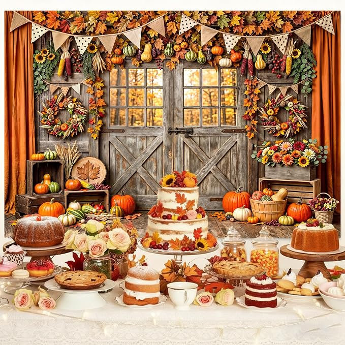 10 x 8 ft Fall Backdrop Barn Door Maple Leaves Pumpkin Design - Autumn Thanksgiving Harvest Friendsgiving & Birthday Party Decorations