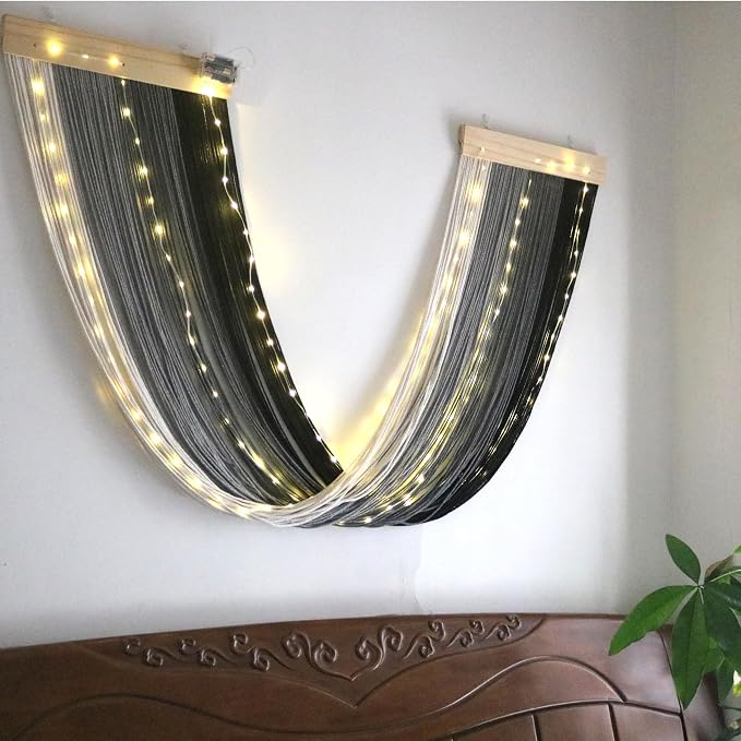 Macrame Fairy Lights Battery Operated with Remote & Timer, Black Grey | Handwoven Wall Hanging with 20ft 100 LEDs Warm White Timer String Lights for Bedroom,Living Room,Party,Wedding,Christmas Deco