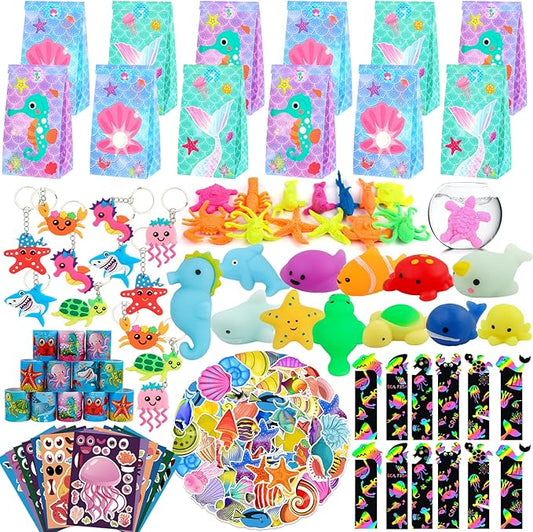 Under Sea Party Favors, 134 Pcs Ocean Birthday Party Supplies - Ocean Sea Animal Toys, Scratch Art Set, Grow In Water Animals for Under Sea Party Decorations, Goodie Bag Stuffers