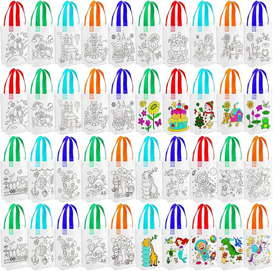 BBTO 100 Pcs Coloring Goodie Bags Cute Cartoon Reusable Party Favor Paint Non Woven Goodie Bags for Kids Birthday Party Art DIY Crafts Supplies, 20 Styles