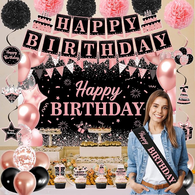 DARUNAXY Rose Gold Birthday Party Decorations Set | Happy Birthday Banner & Sash, Balloons Pom Poms Cake Topper Hanging Swirl Decor, Birthday Gifts Party Supplies for Women Girl
