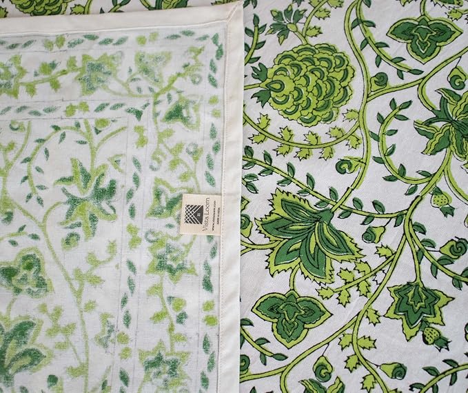 Light Green Block Print Table Cloth- 60x108 Inch Rectangle 100% Cotton Handmade Pre-Shrink, Washable for Spring, Kitchen & Dining Perfect for Chirstmas Patio, Indoor & Outdoor, Farmhouse
