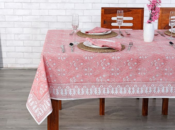 Ridhi Sweet Pink Hand Block Print Cotton Rectangle Tablecloth 120" x 80" inches Reusable Table Cover Decorative Everyday Use for Dining Room, Farmhouse, Home Gift for Spring, Mother's Day