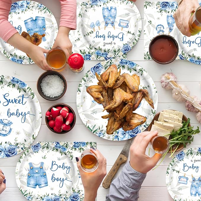168PCS Blue Baby Boy Shower Decorations,Baby Shower Theme Party Tableware Set Plates Napkins Cups,for Boy Baby Shower Decorations Serves 24 Guests