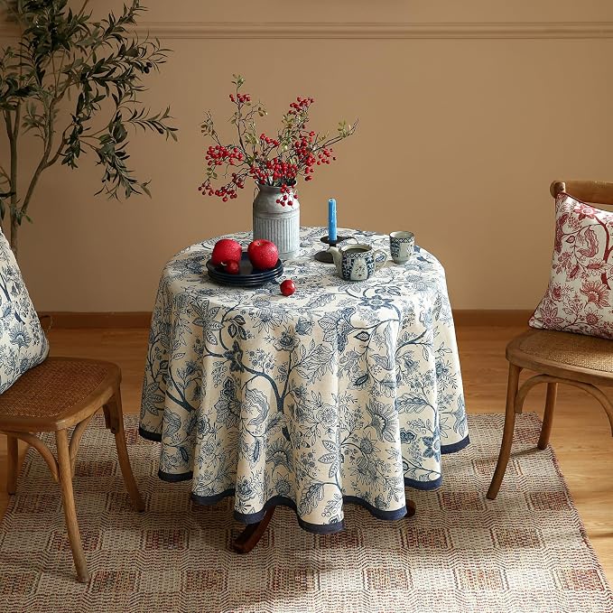 ISAENNE Designer Vintage Linen Round Tablecloth,Diameter 67"-Ruyi B | French Elegant Table Cloth for Round Table,Blue Floral Pattern,Durable,Heavyweight,Dining Room,Kitchen,Thanksgiving,Decor