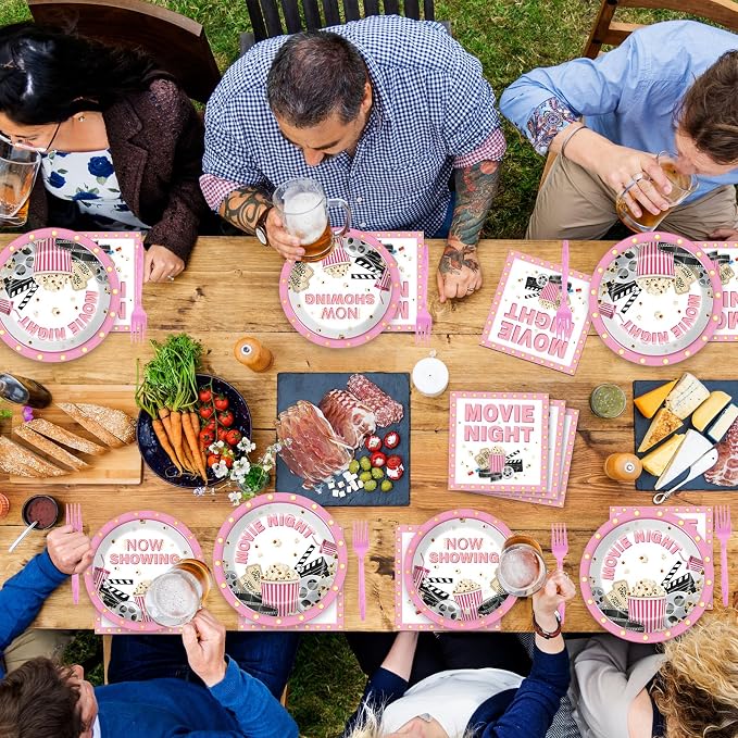 96Pcs Movie Night Party Supplies Pink Movie Birthday Plates and Napkins Theater Pop Corn Tableware Disposable Dessert Dinnerware for Girls Film Festival Birthday Party for 24 Guests