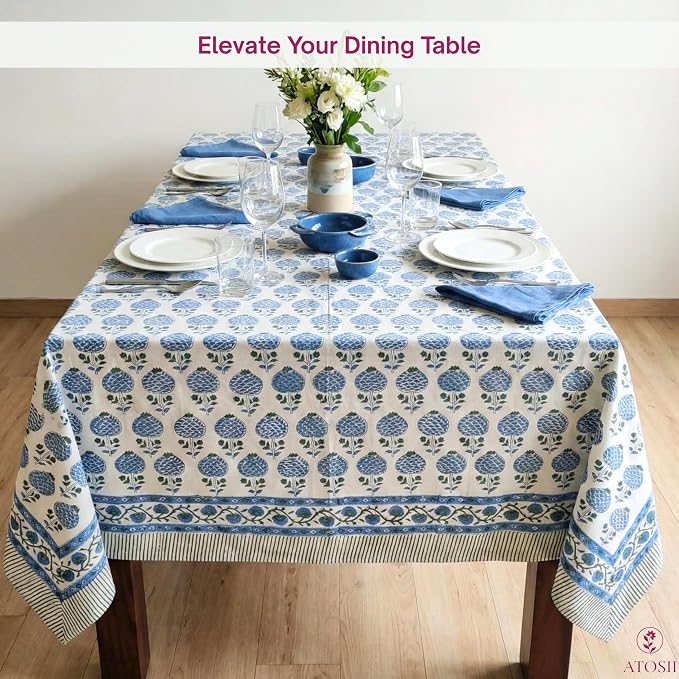 ATOSII Roma Blue 100% Cotton Boho Rectangle Fall Tablecloth, Handblock Floral Print Table Cloth Linen for Kitchen Dining I Parties Outdoors Weddings Holidays I Decor 72 X 108 Inches I 8 Seater