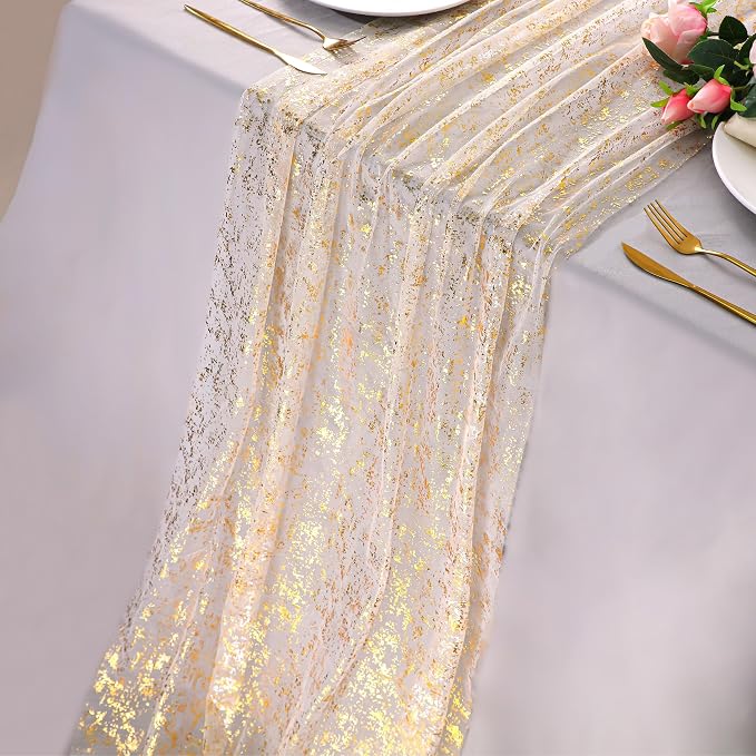 Snowkingdom 2Pcs Gold Gauze Table Runners 10Ft Sheer Chiffon Cheesecloth Wedding Runner, Golden Sequin Glitter Metallic Foil Party Table Decorations Centerpieces for Birthday Thanksgiving Christmas