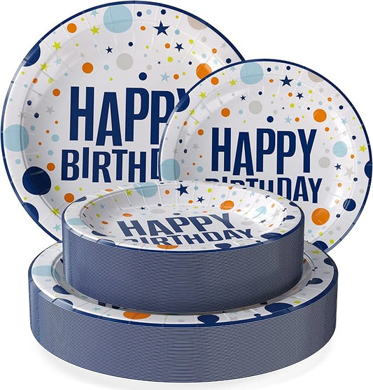 Exquisite Blue Birthday Paper Plates Disposable Heavy Duty 100 Pcs - 50-7" & 50-9" Blue Birthday Plates For Party Heavy Duty Paper Plate 350 GSM Party Supplies Plate Set