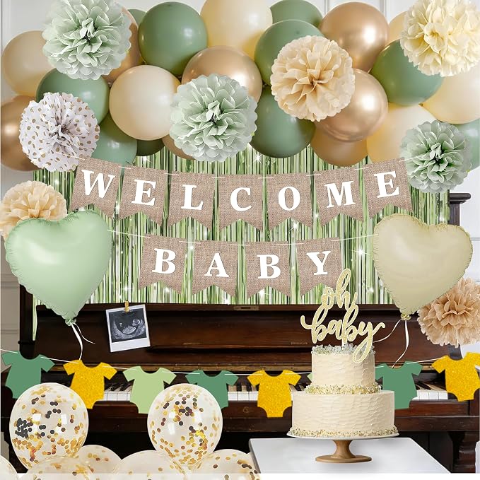 Sage Green Baby Shower Decorations, Green Balloonswith WELCOME BABY Banner, Fringe Curtains Foil Balloons, Cake Topper,Pom Poms Flowers, Neutral Gender Reveal Birthday Party Supplies