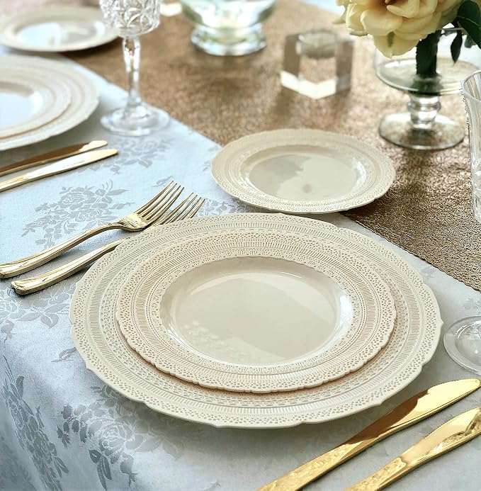 OCCASIONS 120 Guests Heavy Duty Disposable Plastic Plates Set – 11" Dinner & 8.25" Salad Plates, Premium Reusable Party Plates for Weddings, Events, Fancy Dinnerware – Chateau Ivory