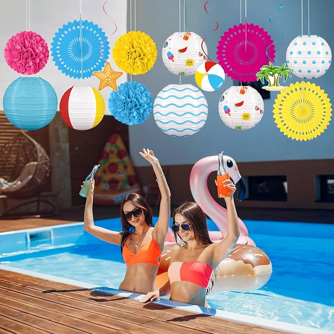 Renbuzhu 15Pcs Beach Party Decorations Paper Lanterns Fans Pom Poms Hanging Swirls Summer Pool Luau Hawaiian Tropical Decor Indoor Outdoor