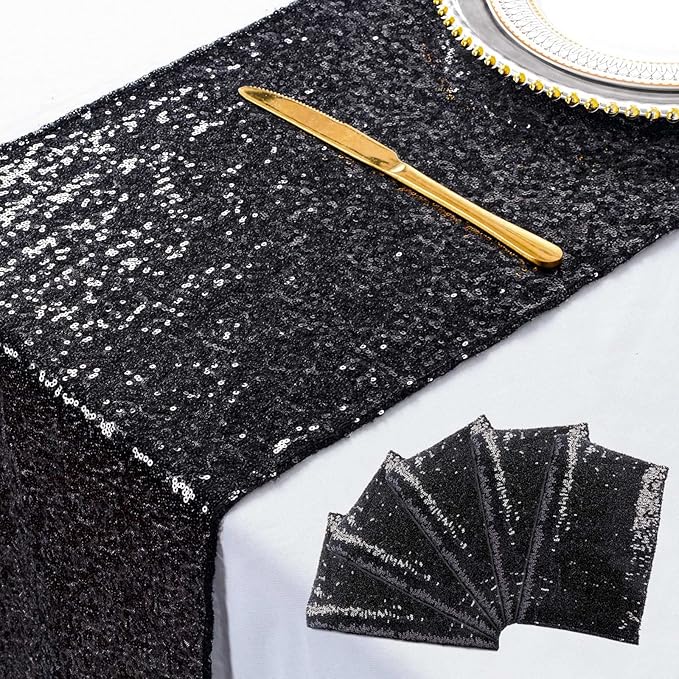 ShinyBeauty Sequin Table Runners 5 Pack 12x108 Inch, Elegant Sparkling Party Decor for Wedding & Baby Shower, Home Dining Table Decorations (Black)