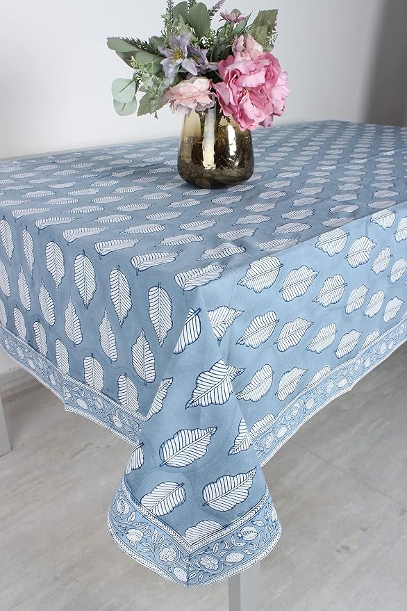 Ridhi Stone Blue Hand Block Print Cotton Rectangle Tablecloth 120" x 80" inches Reusable Table Cover Decorative Everyday Use for Dining Room, Farmhouse, Home Gift for Spring, Mother's Day