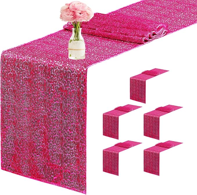 6 Packs 12 x 72 inches Sequin Table Runner, Hot Pink Glitter Table Runner for Birthday Party Supplies Wedding Engagement Baby Shower Holiday Celebration Event Decorations