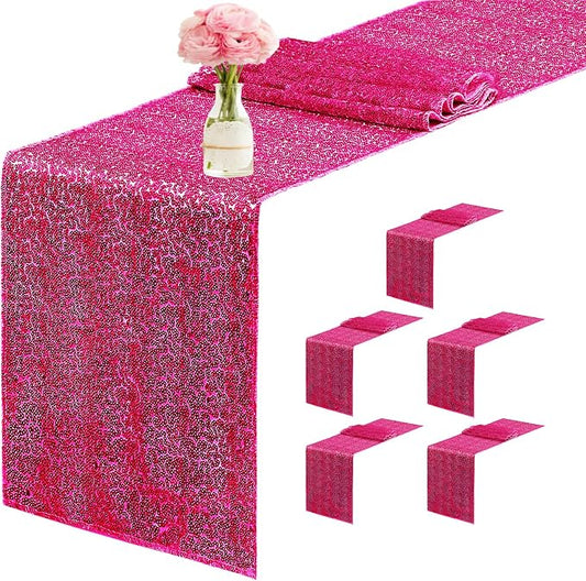 6 Packs 12 x 72 inches Sequin Table Runner, Hot Pink Glitter Table Runner for Birthday Party Supplies Wedding Engagement Baby Shower Holiday Celebration Event Decorations