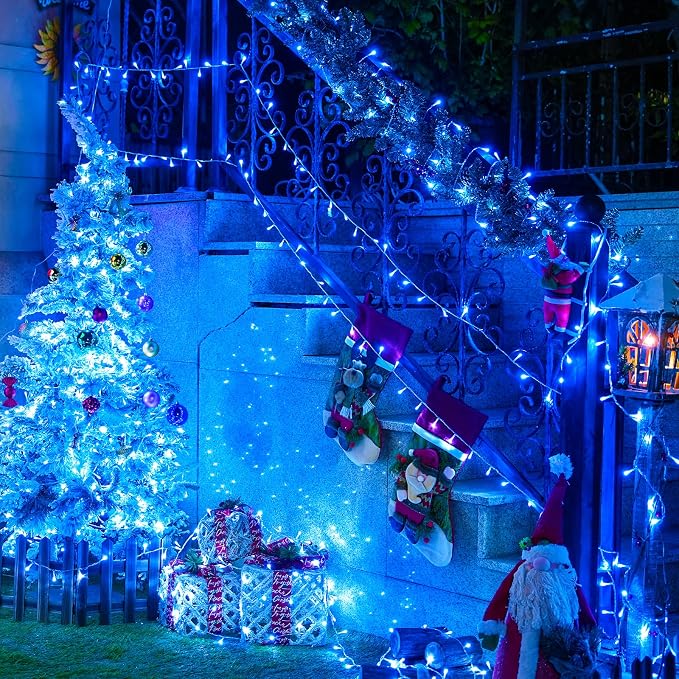 JMEXSUSS 150 LED Blue String Lights Indoor Outdoor Waterproof, Connectable 59 Ft Plug in String Lights, 8 Modes Blue Christmas Lights for Bedroom, Patio, Party, Holiday Decorations, EXS-S-0150