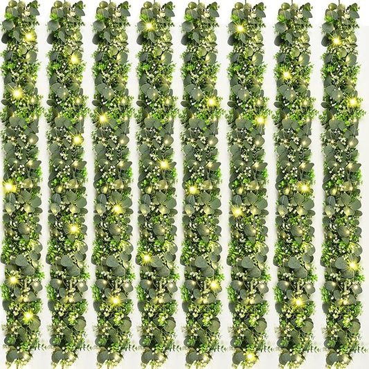 8Pcs Eucalyptus Garland with Lights, Greenery Garland, Green Garland with Flowers, 5.9FT Artificial Faux Eucalyptus Leaves Vines for Table Mantle Home Wedding Party Indoor Outdoor Decor（2 Long Lights）
