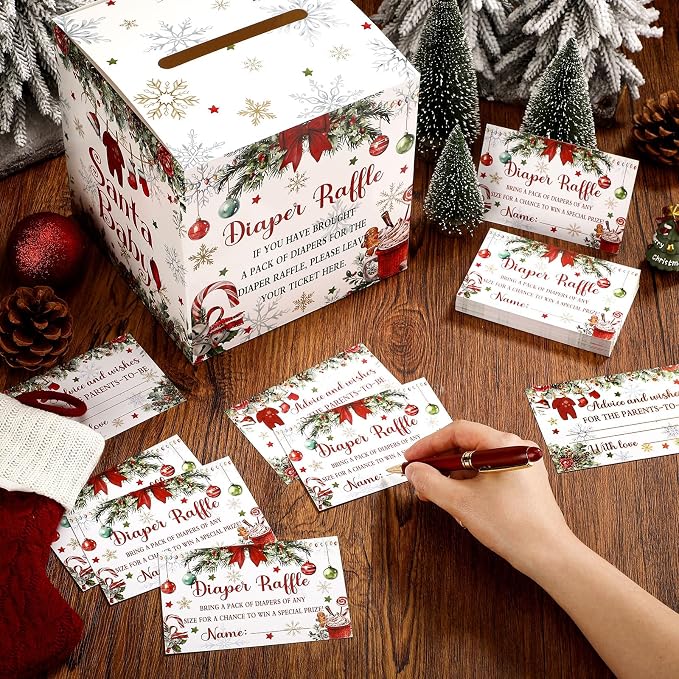 Teling 51 Pieces Diaper Raffle Tickets with Card Box Baby Shower Decorations Gender Reveal Holder Box for Girl Boy Diaper Raffle Party (A Santa Baby is on the Way)
