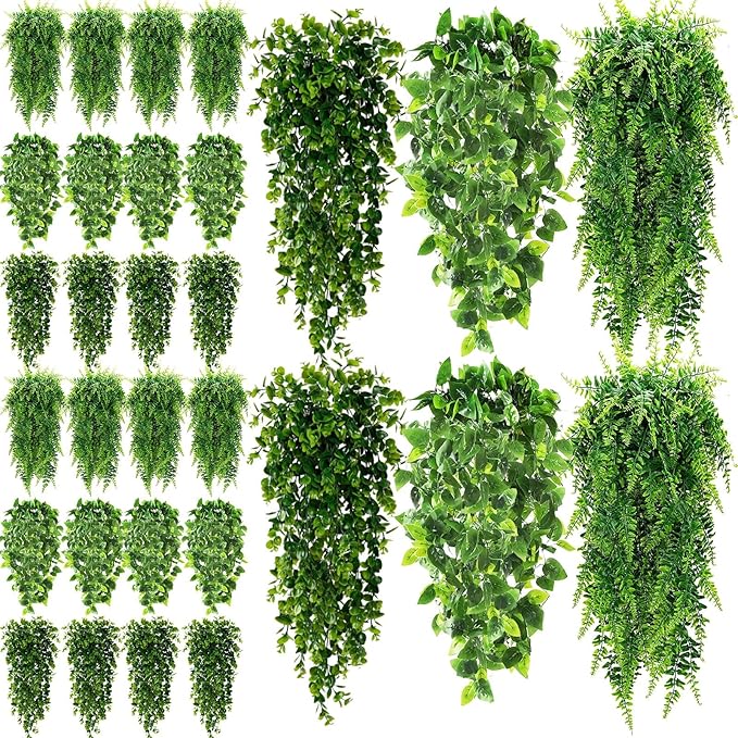 XunYee 28 Pcs Artificial Hanging Plants 32 Inch Plastic Fern Vine Fake Greenery Plant Faux Eucalyptus Vine for Wall Room Wedding Indoor Outdoor Decor, No Baskets(Boston Fern,Greenery, Eucalyptus)