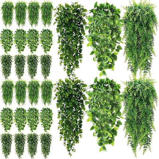 XunYee 28 Pcs Artificial Hanging Plants 32 Inch Plastic Fern Vine Fake Greenery Plant Faux Eucalyptus Vine for Wall Room Wedding Indoor Outdoor Decor, No Baskets(Boston Fern,Greenery, Eucalyptus)