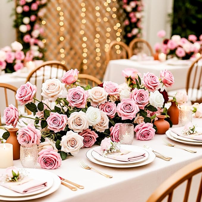 Auihiay 104PCS Pink Roses, Realistic Silk Velvet Pink Artificial Flowers, Real-Touch Fake Roses for Bridal Bouquet, Garden Party, Bedroom Decor, Home Decor, Valentine's Day, Wedding Centerpieces