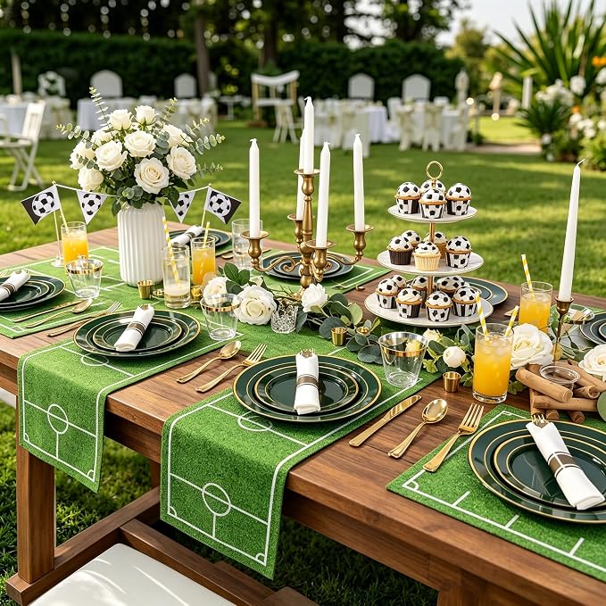 WDF Partyware 350PCS Green and Gold Plates - Green Plastic Plates 50Guests Plastic Plate with Rolled Napkins for Party/Birthday/World Cup 2026