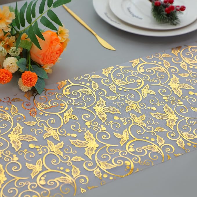 Snowkingdom 2 PCS Gold Table Runner 108 Inches Long, Gold Pinecone Flower Floral Table Decor for Winter Holiday Dining Kitchen Party New Year Home Decorations