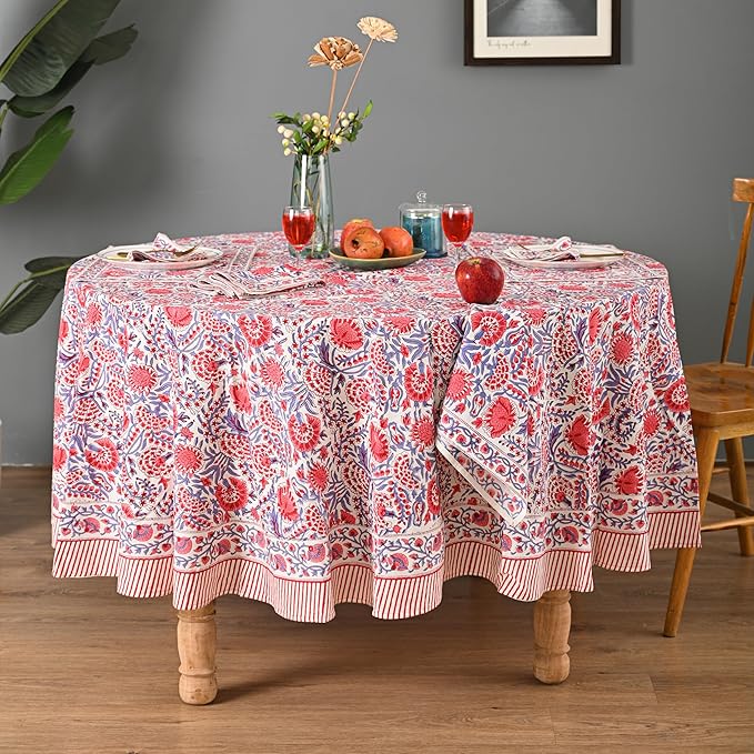Hand Block Printed Tablecloth – Colorful Floral Print | 100% Cotton | Indian Artisan Handmade Art | Dining Room, Kitchen, Outdoor Décor, (Flamingo Pink, 108 Inches Round)
