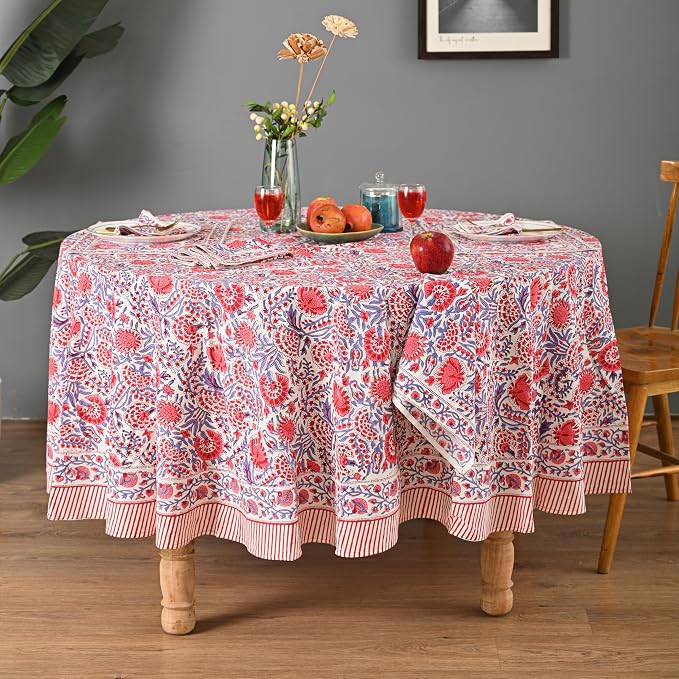 Hand Block Printed Tablecloth – Colorful Floral Print | 100% Cotton | Indian Artisan Handmade Art | Dining Room, Kitchen, Outdoor Décor, (Flamingo Pink, 4 Seater 60 Inches Round)