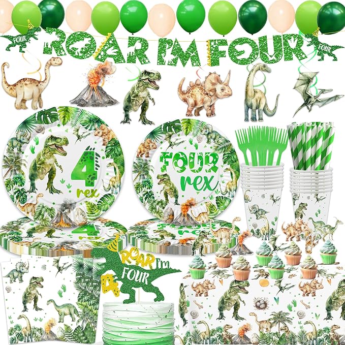 208 Pcs Dinosaur 4th Birthday Party Supplies, Green Dino Roar I'm Four Birthday Decorations, 20 Serves Include Plates, Cups, Napkins, Tablecloth, Cake Topper, Swirls, Banner, Balloons for Boys