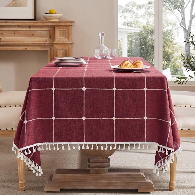 ZeeMart Boho Grid Table Cloth with Tassels (Burgundy, 60" x 60"), Heavy Weight Linen Checked Embroidered Farmhouse Tablecloth, Water Resistant Square Red Tablecloths