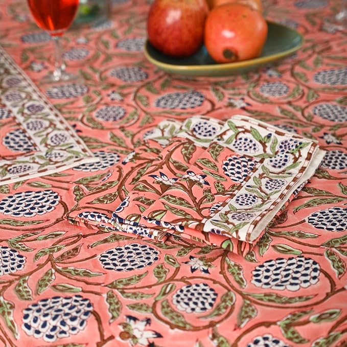 Hand Block Printed Tablecloth – Colorful Floral Print | 100% Cotton | Indian Artisan Handmade Art | Dining Room, Kitchen, Outdoor Décor, (Dark Salmon Pink, 4 Seater 60 Inches Round)