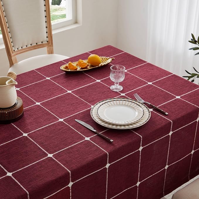 ZeeMart Grid Embroidered Hemmed Tablecloths, Burgundy 60x84 Inch, Farmhouse Style Heavy Weight Cotton Linen Red Tablecloths, Boho Plaid Water Resistant Rectangle Table Cloth