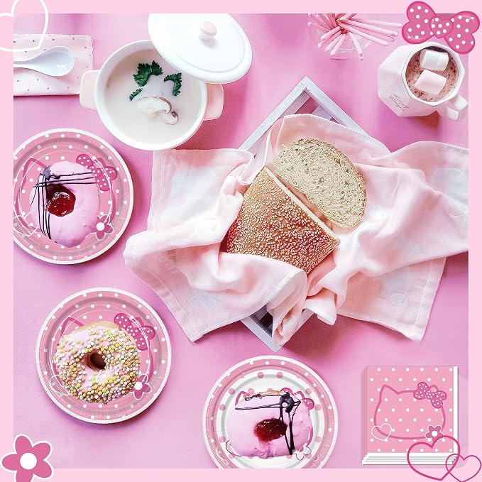 161PC Pink kittens Birthday Party Supplies Kit - Includes Pink Cat Dot Plates Napkins Cups Tablecloth Straws Forks Spoons Knives for Girls Party, Baby Shower, Cute Kattyy Decorations serve 20 Guests