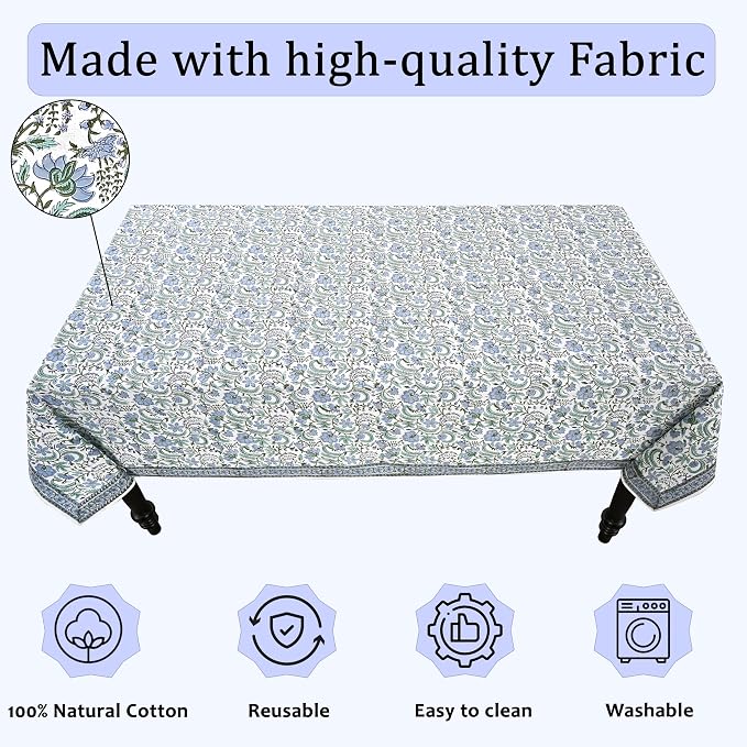 Ridhi Hand Block Print Columbia Blue Square Cotton Tablecloth 60" x 60" Reusable Table Cover Decorative Everyday Use for Dining, Farmhouse, Home Gift for Spring, Easter, Valentine