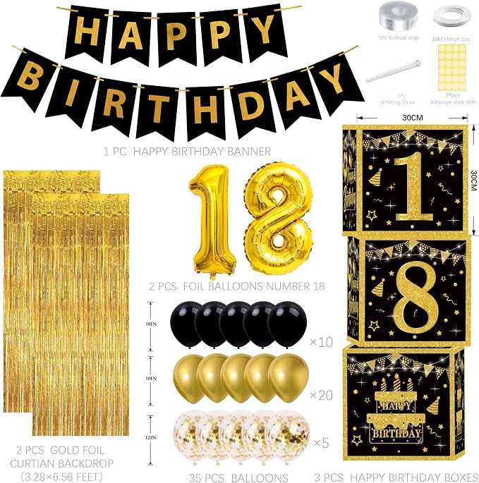 Gold 18th birthday decorations for boys Men,3pcs birthday Decorations for Men boys black and gold Balloon Boxes Birthday Party Favors