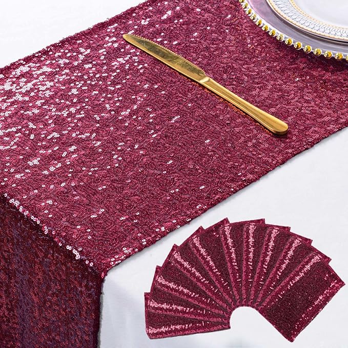 ShinyBeauty Sequin Table Runner Burgundy 12x108-Inch Wine Table Runner Pack of 10 Table Covers for Party Bridal Shower Decorations Dark Red Wedding Table Runners Glitter Table Runner for Dining