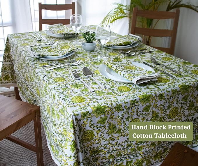 Block Print Table Cloth- 60x120 Inch Rectangle 100% Cotton Handmade Pre-Shrink, Washable for Spring, Kitchen & Dining Perfect for Chirstmas, Patio, Indoor & Outdoor, Farmhouse