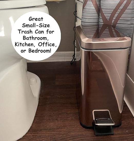 Homie Soft Close, Slim Trash Can 1.6 Gallon with Anti - Bag Slip Liner and Lid, Use as Mini Garbage Basket, Slim Dust Bin, or Decor in Bathroom, Restroom, Kitchen, or Bedroom (Rose Gold)