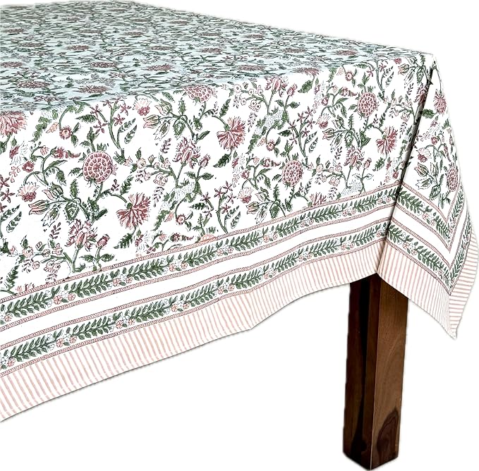 ATOSII Mahoka Rust 100% Cotton Rectangle Fall Tablecloth, Handblock Floral Linen Table Cloth for Kitchen Dining Table I Parties Weddings Outdoors Easter Valentine's Gift I 60 X 108 Inches I 8 Seater
