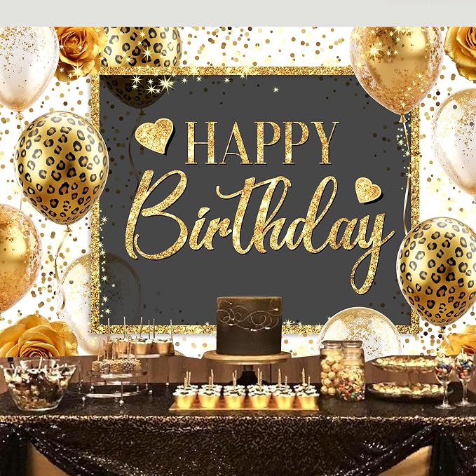 Happy Birthday Backdrop 7Wx5H Feet Polyester Fabric Gold Leopard Balloon Love Heart Rose Elegant Flower Confetti Decoration Girly Gold Glitter Photography Background Photo Shoot Props