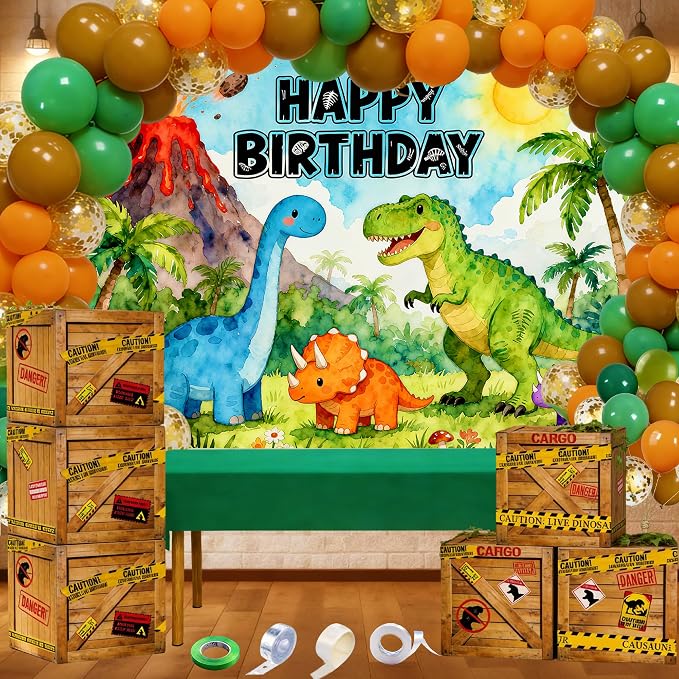 Dinosaur Birthday Party Decorations 119 PCS – 7x5FT Dino Backdrop with 105 Balloon, 6 Dino Boxes, Tablecloth, Ivy Vines & Jungle Theme Birthday Party Supplies for Kids