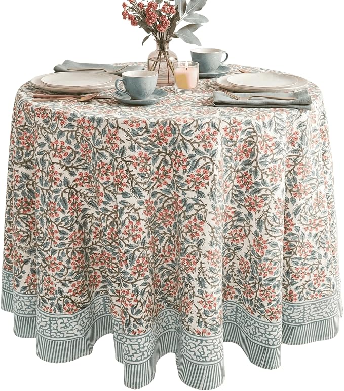 ATOSII Kalina 100% Cotton Round Tablecloth, Handblock Print Floral Table Cloth for Kitchen Dining Linen I Parties, Weddings, Outdoors, Christmas I Fall Home Decor 72" Inches Round