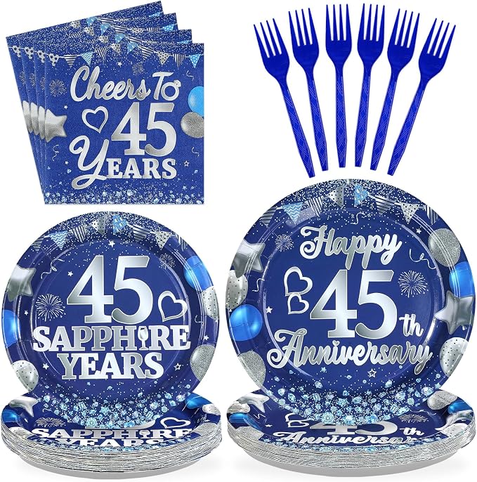 96Pcs 45th Anniversary Decorations Blue Sapphire 45th Wedding Plates and Napkins Cheers to 45 Years Tableware Sets for 45 Birthday Anniversary Party Supplies,Serves 24