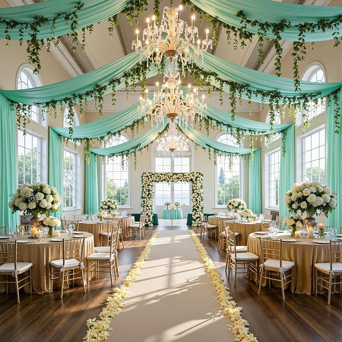 20ftx40ft Mint Green Ceiling Curtain for Wedding Parties – 4 Panels Wrinkle-Free 40 FT Long Tent Draping Curtains for Wedding, Birthday & Theme Parties, 40ft Height with Rod Pocket
